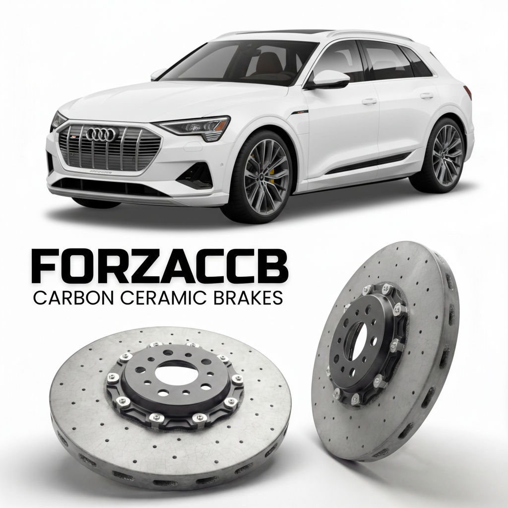 ForzaCCB direct OEM replacement carbon ceramic brake rotors for 2020 to 2022 Audi e-tron S GE models, shown with a white Audi e-tron S car.