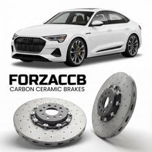 ForzaCCB direct OEM replacement carbon ceramic brake rotors for 2020 to 2022 Audi e-tron S Sportback GE models, shown with a white Audi e-tron S Sportback car.