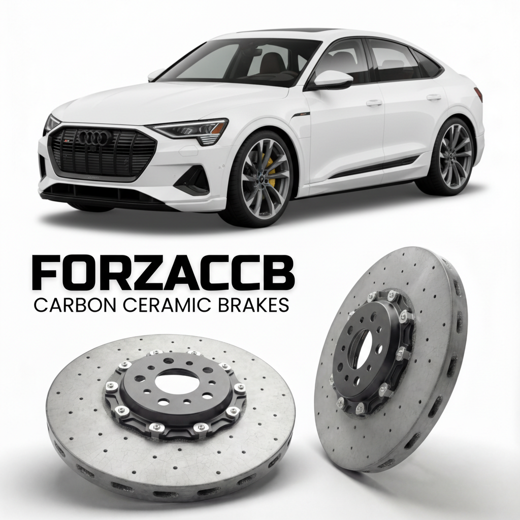 ForzaCCB direct OEM replacement carbon ceramic brake rotors for 2020 to 2022 Audi e-tron S Sportback GE models, shown with a white Audi e-tron S Sportback car.