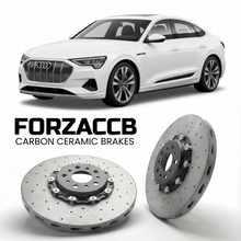 ForzaCCB direct OEM replacement carbon ceramic brake rotors for 2020 to 2022 Audi e-tron Sportback GE models, shown with a white Audi e-tron Sportback car.