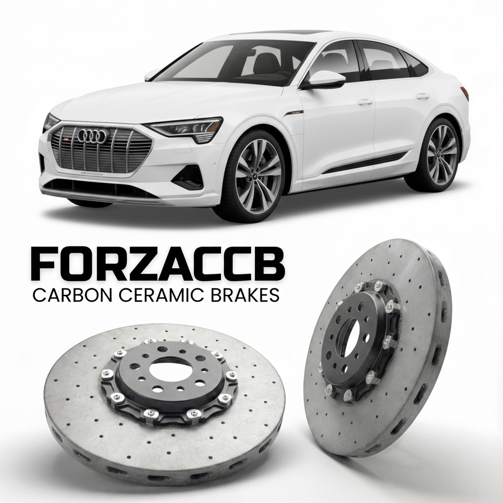ForzaCCB direct OEM replacement carbon ceramic brake rotors for 2020 to 2022 Audi e-tron Sportback GE models, shown with a white Audi e-tron Sportback car.