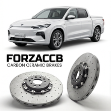 ForzaCCB direct OEM replacement carbon ceramic brake rotors for 2024 and newer Changan Nevo E07 models, shown with a white Changan Nevo E07 car.