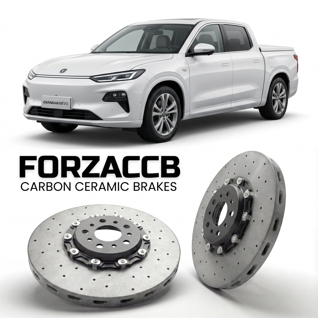 ForzaCCB direct OEM replacement carbon ceramic brake rotors for 2024 and newer Changan Nevo E07 models, shown with a white Changan Nevo E07 car.