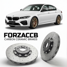ForzaCCB direct OEM replacement carbon ceramic brake rotors for 2024 and newer Deepal E07 models, shown with a white Deepal E07 car.