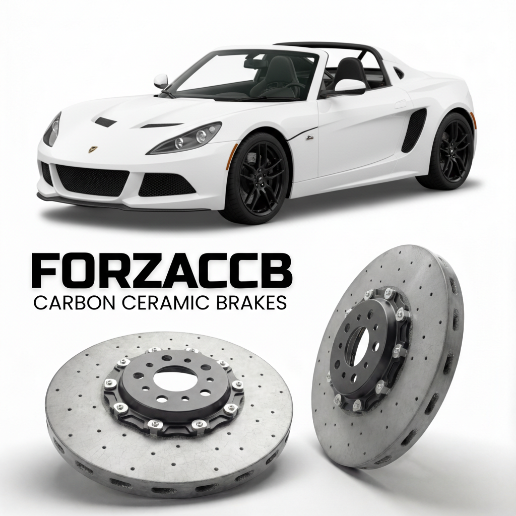 ForzaCCB direct OEM replacement carbon ceramic brake rotors for 2015 to 2016 Zenos E10 models, shown with a white Zenos E10 car.