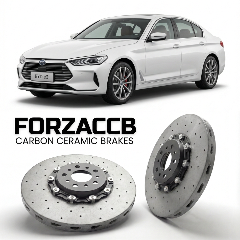 ForzaCCB direct OEM replacement carbon ceramic brake rotors for 2019 to 2021 BYD e3 models, shown with a white BYD e3 car.