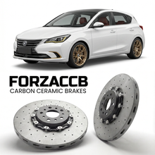 ForzaCCB direct OEM replacement carbon ceramic brake rotors for 2018 to 2020 ChangAn Eado XT II models, shown with a white ChangAn Eado car.