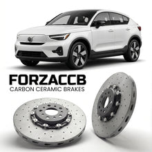 ForzaCCB direct OEM replacement carbon ceramic brake rotors for 2024 and newer Volvo EC40 models, shown with a white Volvo EC40 car.