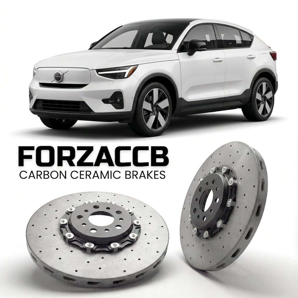 ForzaCCB direct OEM replacement carbon ceramic brake rotors for 2024 and newer Volvo EC40 models, shown with a white Volvo EC40 car.