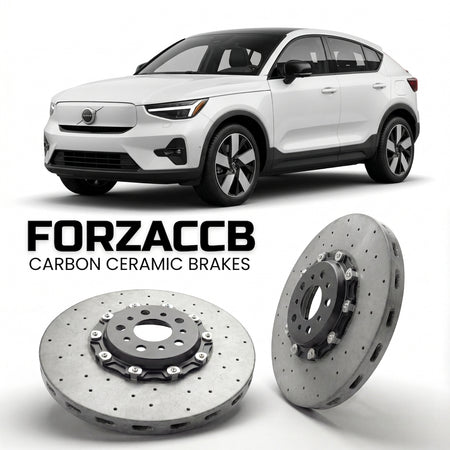 ForzaCCB direct OEM replacement carbon ceramic brake rotors for 2024 and newer Volvo EC40 models, shown with a white Volvo EC40 car.