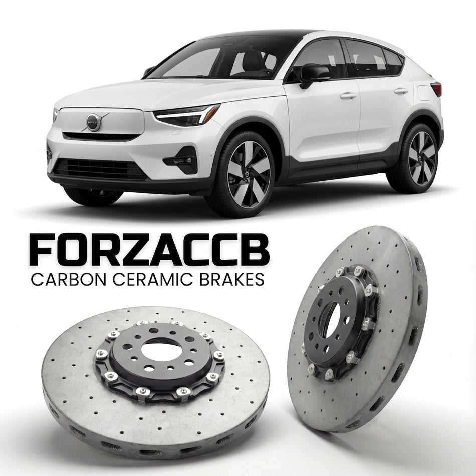 ForzaCCB direct OEM replacement carbon ceramic brake rotors for 2024 and newer Volvo EC40 models, shown with a white Volvo EC40 car.