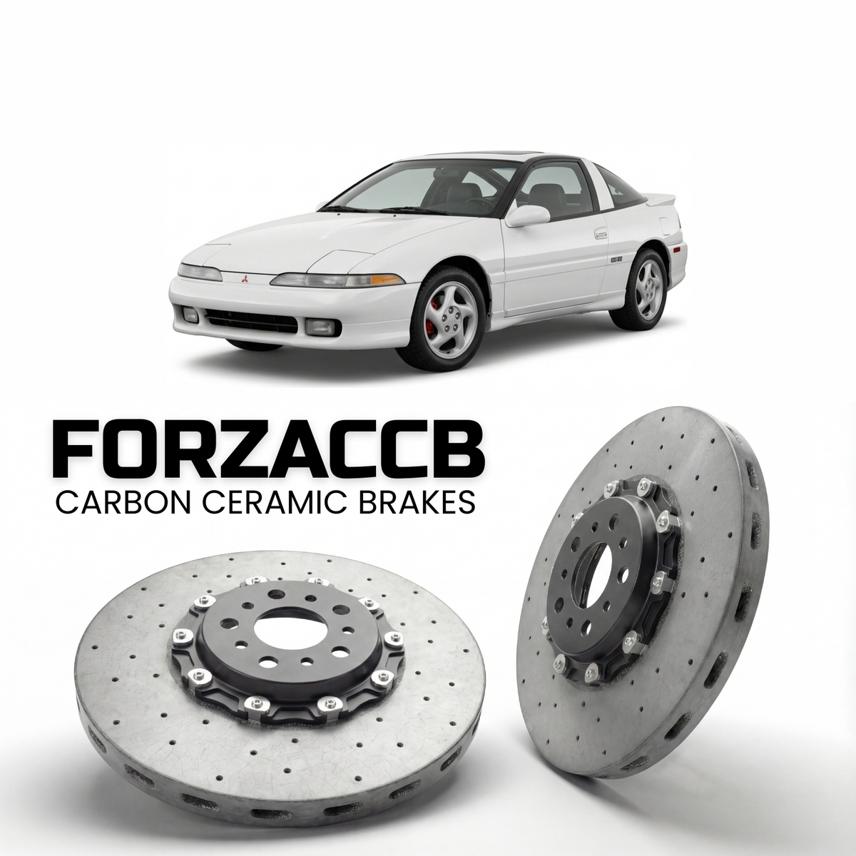 ForzaCCB direct OEM replacement carbon ceramic brake rotors for 1990 to 2011 Mitsubishi Eclipse models, shown with a white Mitsubishi Eclipse car.