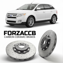 ForzaCCB direct OEM replacement carbon ceramic brake rotors for 2007 to 2011 Ford Edge I models, shown with a white Ford Edge car.