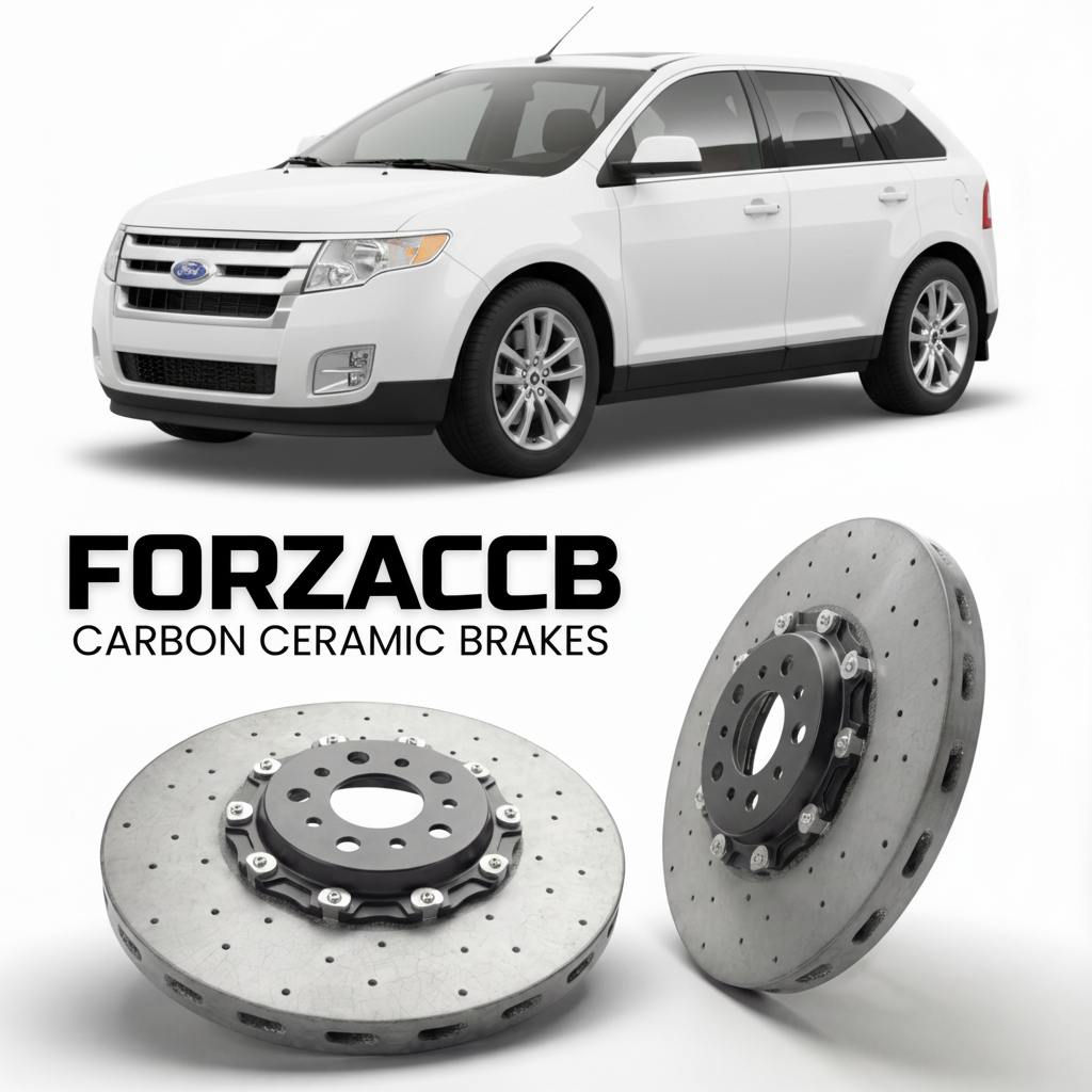 ForzaCCB direct OEM replacement carbon ceramic brake rotors for 2007 to 2011 Ford Edge I models, shown with a white Ford Edge car.