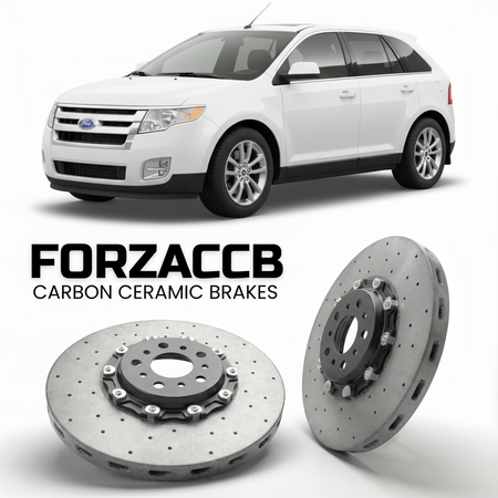 ForzaCCB direct OEM replacement carbon ceramic brake rotors for 2007 to 2011 Ford Edge I models, shown with a white Ford Edge car.