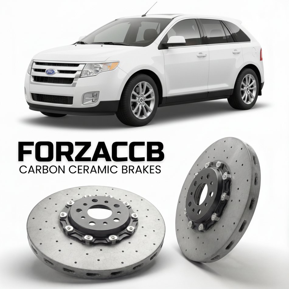 ForzaCCB direct OEM replacement carbon ceramic brake rotors for 2007 to 2011 Ford Edge I models, shown with a white Ford Edge car.