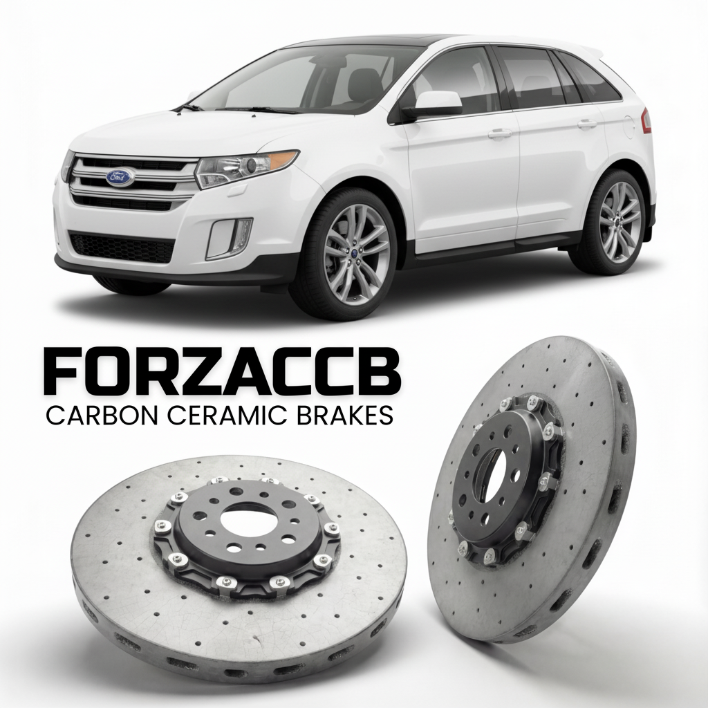 ForzaCCB direct OEM replacement carbon ceramic brake rotors for 2011-2014) Ford Edge I (facelift 2011 models, shown with a white Ford Edge car.