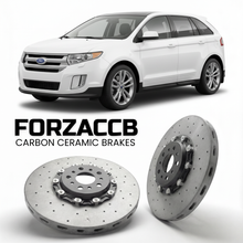ForzaCCB direct OEM replacement carbon ceramic brake rotors for 2011-2014) Ford Edge I (facelift 2011 models, shown with a white Ford Edge car.