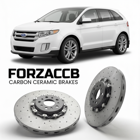 ForzaCCB direct OEM replacement carbon ceramic brake rotors for 2011-2014) Ford Edge I (facelift 2011 models, shown with a white Ford Edge car.