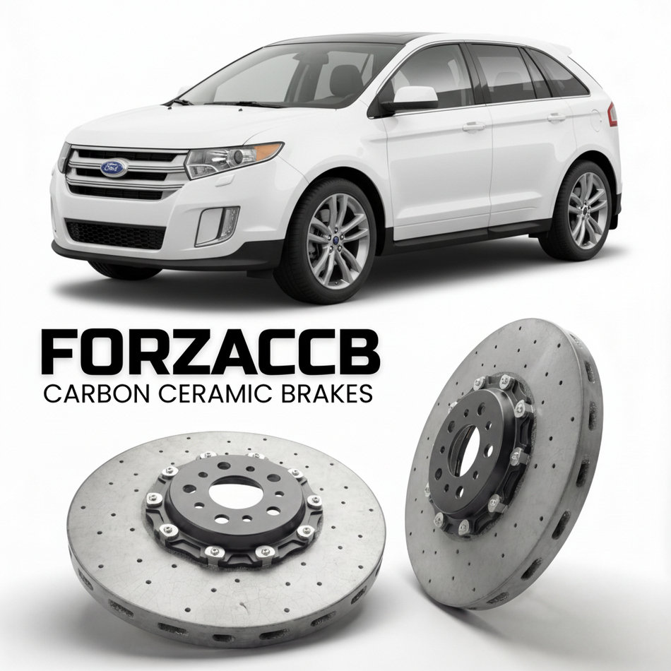 ForzaCCB direct OEM replacement carbon ceramic brake rotors for 2011-2014) Ford Edge I (facelift 2011 models, shown with a white Ford Edge car.
