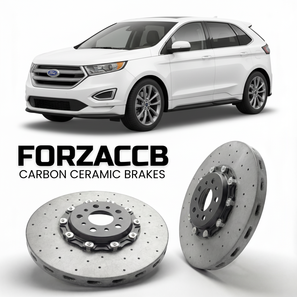 ForzaCCB direct OEM replacement carbon ceramic brake rotors for 2015 to 2018 Ford Edge II models, shown with a white Ford Edge car.