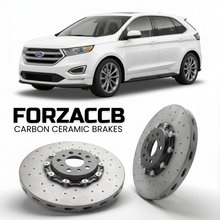 ForzaCCB direct OEM replacement carbon ceramic brake rotors for 2015 to 2018 Ford Edge II models, shown with a white Ford Edge car.