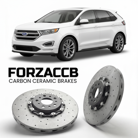 ForzaCCB direct OEM replacement carbon ceramic brake rotors for 2015 to 2018 Ford Edge II models, shown with a white Ford Edge car.