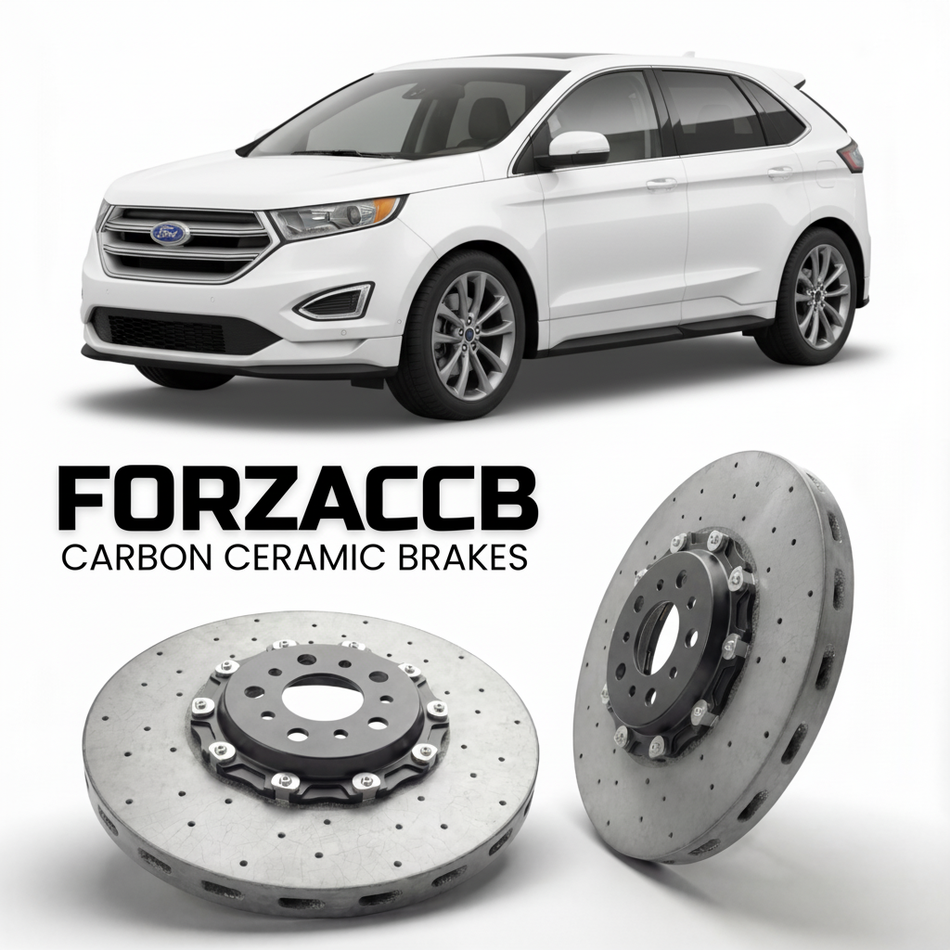 ForzaCCB direct OEM replacement carbon ceramic brake rotors for 2015 to 2018 Ford Edge II models, shown with a white Ford Edge car.