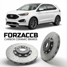 ForzaCCB direct OEM replacement carbon ceramic brake rotors for 2018-2023) Ford Edge II (facelift 2018 models, shown with a white Ford Edge car.