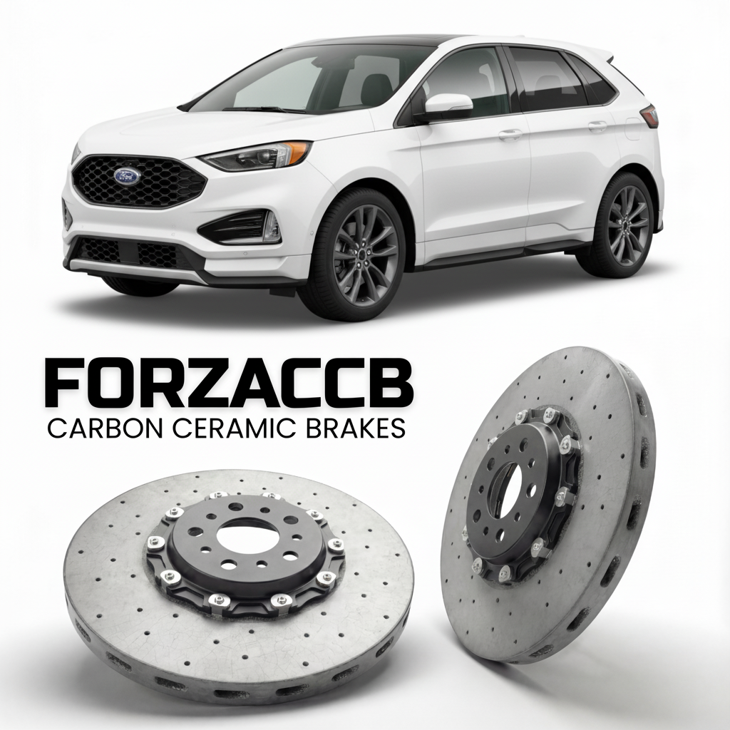 ForzaCCB direct OEM replacement carbon ceramic brake rotors for 2018-2023) Ford Edge II (facelift 2018 models, shown with a white Ford Edge car.