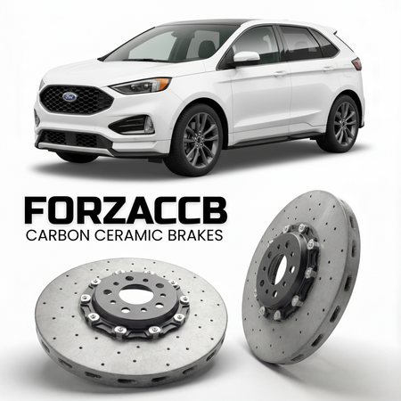 ForzaCCB direct OEM replacement carbon ceramic brake rotors for 2018-2023) Ford Edge II (facelift 2018 models, shown with a white Ford Edge car.