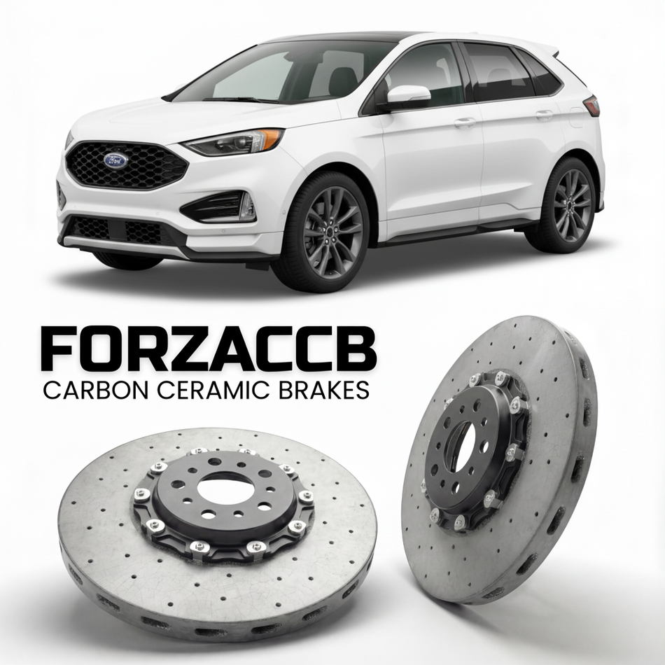 ForzaCCB direct OEM replacement carbon ceramic brake rotors for 2018-2023) Ford Edge II (facelift 2018 models, shown with a white Ford Edge car.