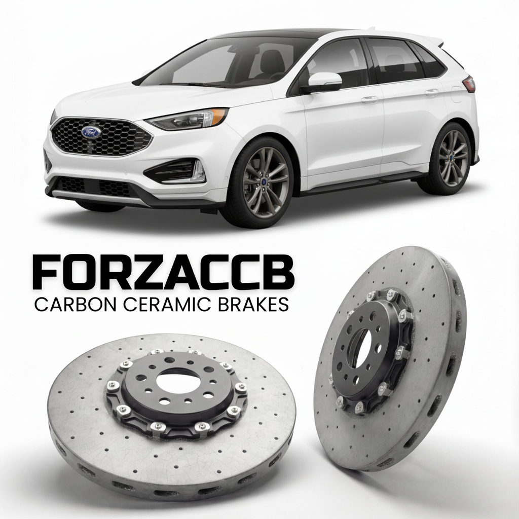 ForzaCCB direct OEM replacement carbon ceramic brake rotors for 2021-2023) Ford Edge Plus II (China, facelift 2021 models, shown with a white Ford Edge car.