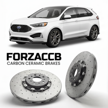 ForzaCCB direct OEM replacement carbon ceramic brake rotors for 2021-2023) Ford Edge Plus II (China, facelift 2021 models, shown with a white Ford Edge car.