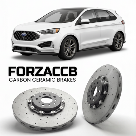 ForzaCCB direct OEM replacement carbon ceramic brake rotors for 2021-2023) Ford Edge Plus II (China, facelift 2021 models, shown with a white Ford Edge car.
