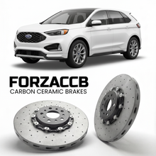 ForzaCCB direct OEM replacement carbon ceramic brake rotors for 2023 and newer Ford Edge L III models, shown with a white Ford Edge car.