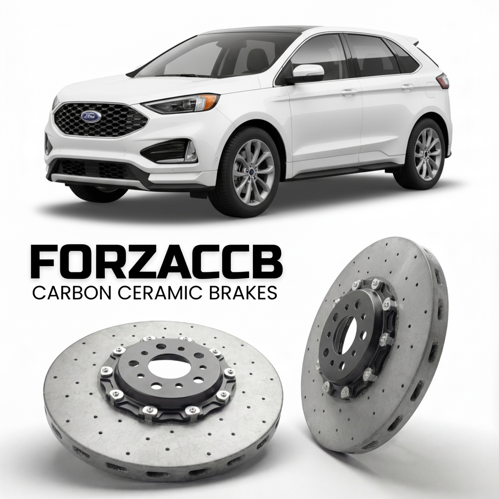 ForzaCCB direct OEM replacement carbon ceramic brake rotors for 2023 and newer Ford Edge L III models, shown with a white Ford Edge car.