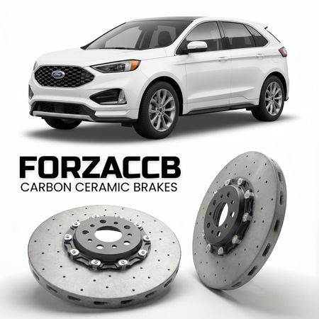 ForzaCCB direct OEM replacement carbon ceramic brake rotors for 2023 and newer Ford Edge L III models, shown with a white Ford Edge car.