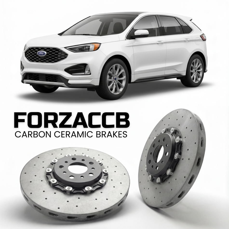 ForzaCCB direct OEM replacement carbon ceramic brake rotors for 2023 and newer Ford Edge L III models, shown with a white Ford Edge car.