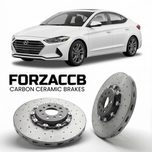 ForzaCCB direct OEM replacement carbon ceramic brake rotors for 2019 to 2026 Hyundai Elantra models, shown with a white Hyundai Elantra car.