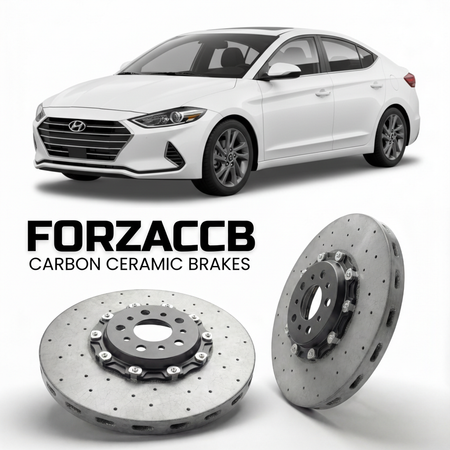 ForzaCCB direct OEM replacement carbon ceramic brake rotors for 2019 to 2026 Hyundai Elantra models, shown with a white Hyundai Elantra car.