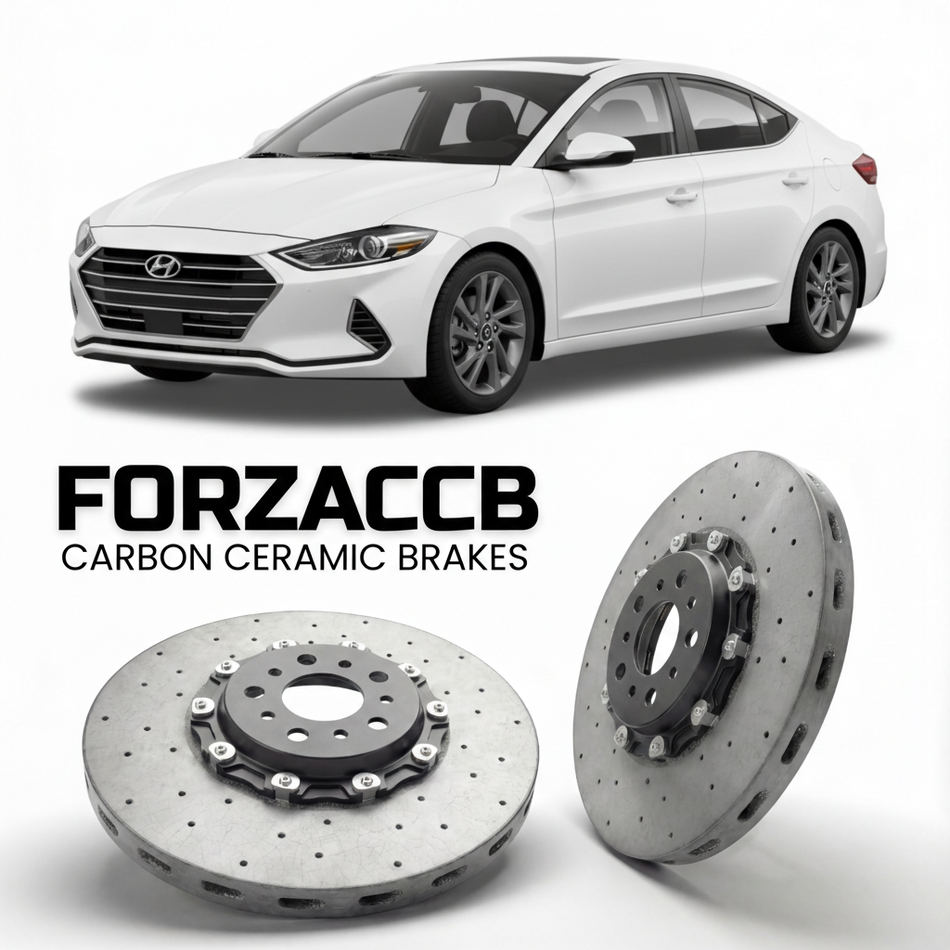 ForzaCCB direct OEM replacement carbon ceramic brake rotors for 2019 to 2026 Hyundai Elantra models, shown with a white Hyundai Elantra car.