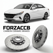 ForzaCCB direct OEM replacement carbon ceramic brake rotors for 2021 to 2026 Hyundai Elantra Hybrid models, shown with a white Hyundai Elantra Hybrid car.