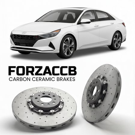 ForzaCCB direct OEM replacement carbon ceramic brake rotors for 2021 to 2026 Hyundai Elantra Hybrid models, shown with a white Hyundai Elantra Hybrid car.