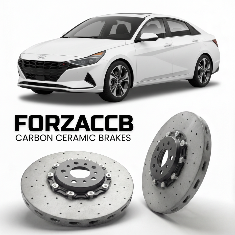 ForzaCCB direct OEM replacement carbon ceramic brake rotors for 2021 to 2026 Hyundai Elantra Hybrid models, shown with a white Hyundai Elantra Hybrid car.
