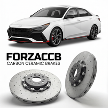 ForzaCCB direct OEM replacement carbon ceramic brake rotors for 2022 to 2026 Hyundai Elantra N models, shown with a white Hyundai Elantra N car.