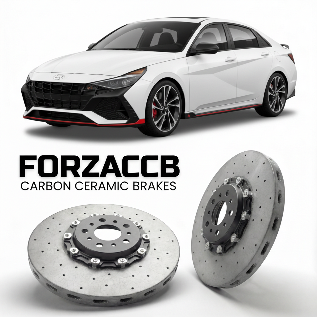 ForzaCCB direct OEM replacement carbon ceramic brake rotors for 2022 to 2026 Hyundai Elantra N models, shown with a white Hyundai Elantra N car.