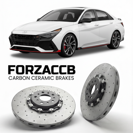 ForzaCCB direct OEM replacement carbon ceramic brake rotors for 2022 to 2026 Hyundai Elantra N models, shown with a white Hyundai Elantra N car.