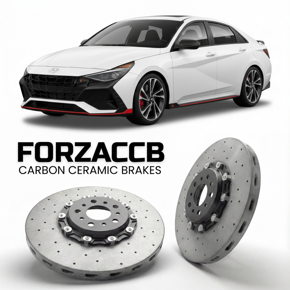 ForzaCCB direct OEM replacement carbon ceramic brake rotors for 2022 to 2026 Hyundai Elantra N models, shown with a white Hyundai Elantra N car.