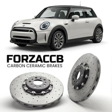 ForzaCCB direct OEM replacement carbon ceramic brake rotors for 2019-2021) Mini Electric Cooper SE (F56 models, shown with a white Mini Electric car.